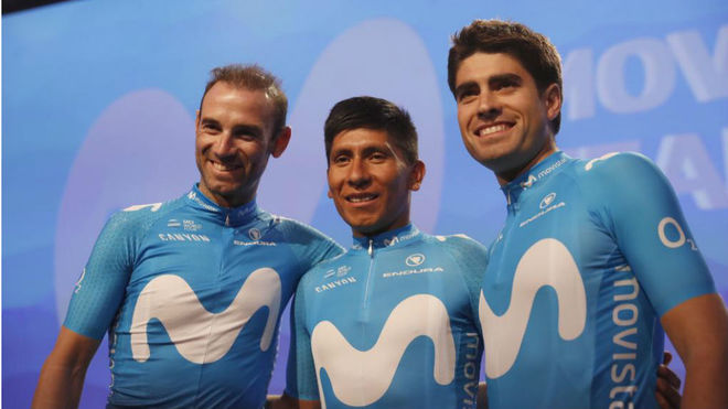 Valverde, Nairo y Landa, durante una presentación del equipo Movistar