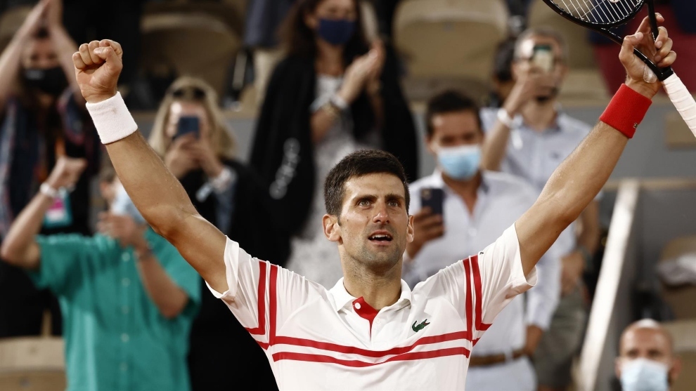 Djokovic celebra su triunfo ante Nadal.