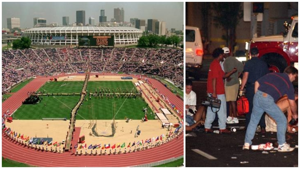 Estadio Olímpico de Atlanta y una imagen del día del atentado.