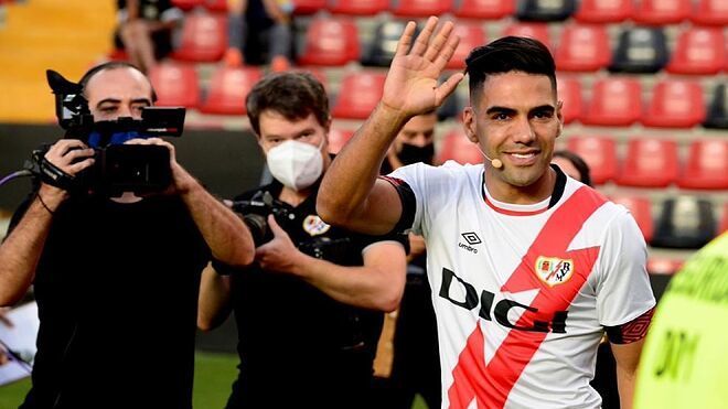 Radamel Falcao celebrates a goal with Rayo