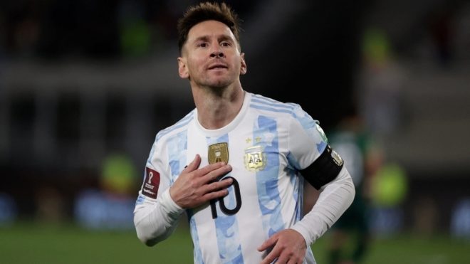 Messi celebrates a goal with Argentina