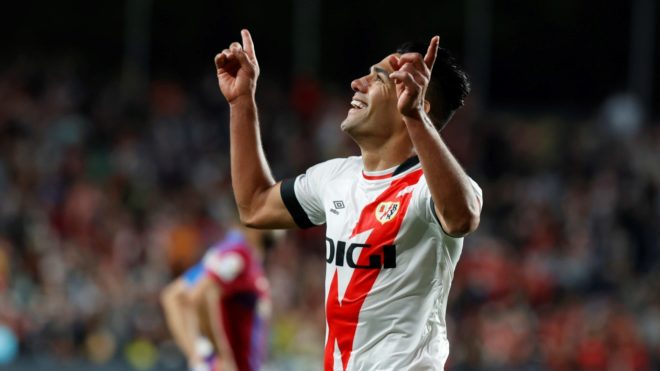 Falcao celebra el gol que le marcó al Barcelona la pasada temporada