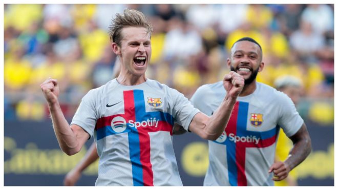 De Jong celebra un gol con el Barcelona