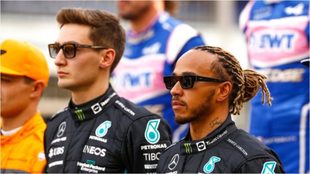 Russell y Hamilton, durante un acto con los pilotos en la F1.